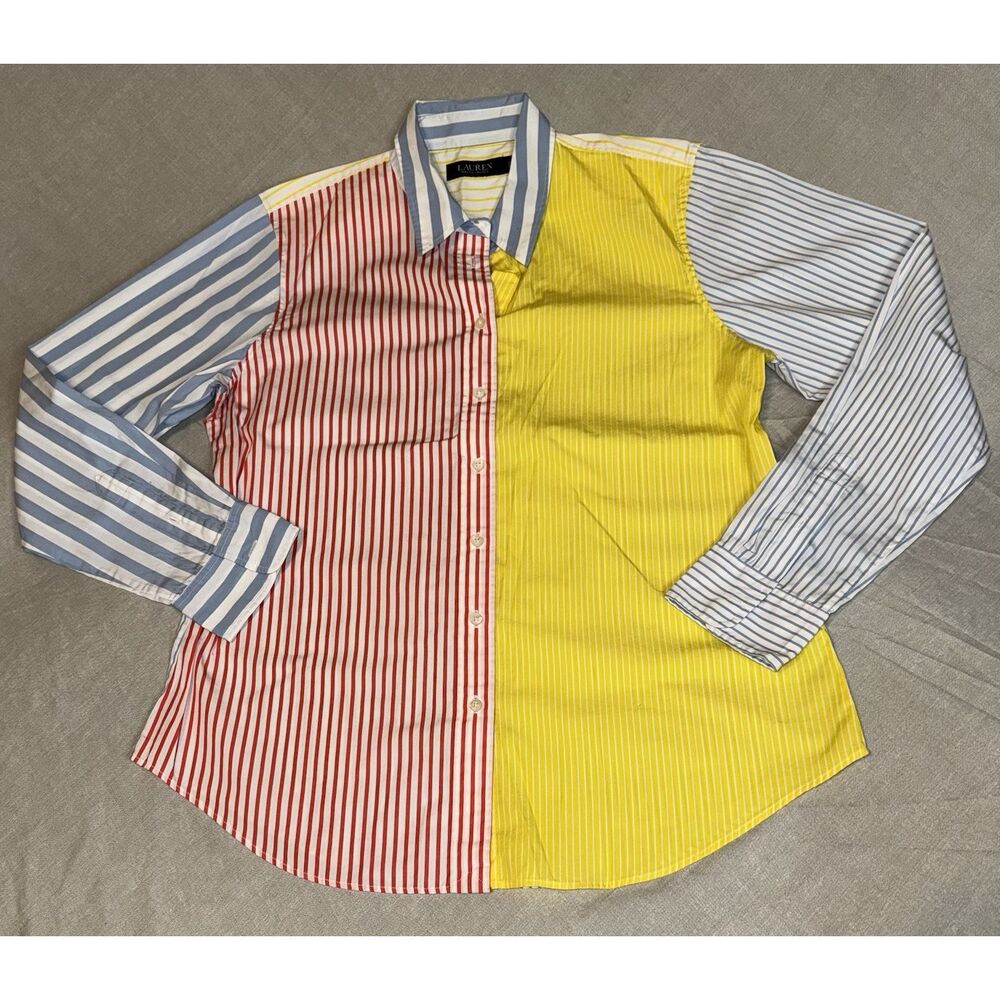 Ralph Lauren Custom Fit Color Block Button Up Shirt Red Yellow Blue Mens L
